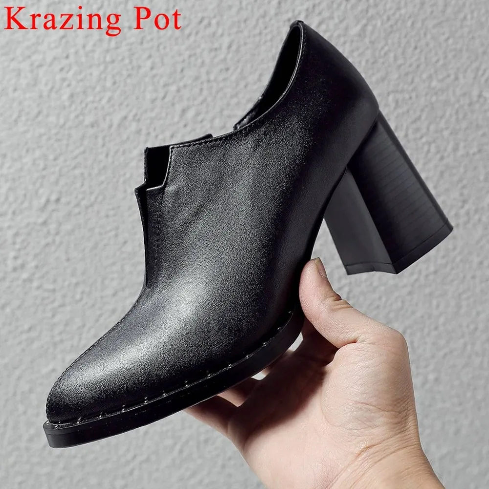 

Krazing Pot European designer black cow leather pointed toe thick high heels zipper dress women pumps rivtes casual shoes L01
