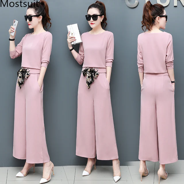 Chiffon 2 Piece Set Women Long Sleeve Tops And Wide Leg Pants Trousers
