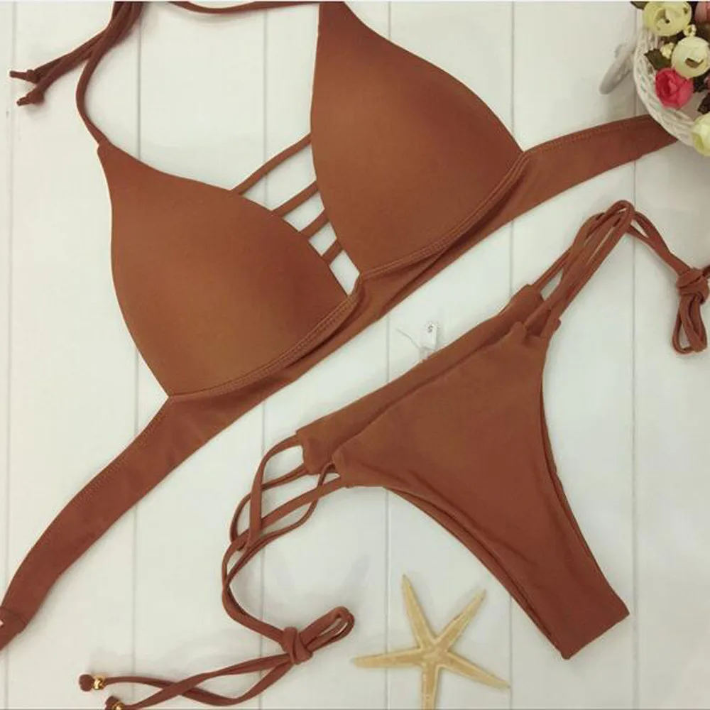 

Sexy Swimwear women Swimsuit Bikini 2018 Set Off Shoulder Solid Bandage Push Up Padded Swimwear Two Piece beach wear