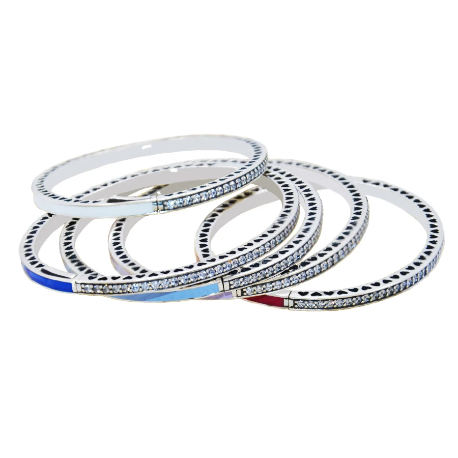 

2019 New 7color really 925 sterling silver enamel CZ heart-shaped Fit Original pan Bracelet For Women DIY Jewelry Charm Bangle