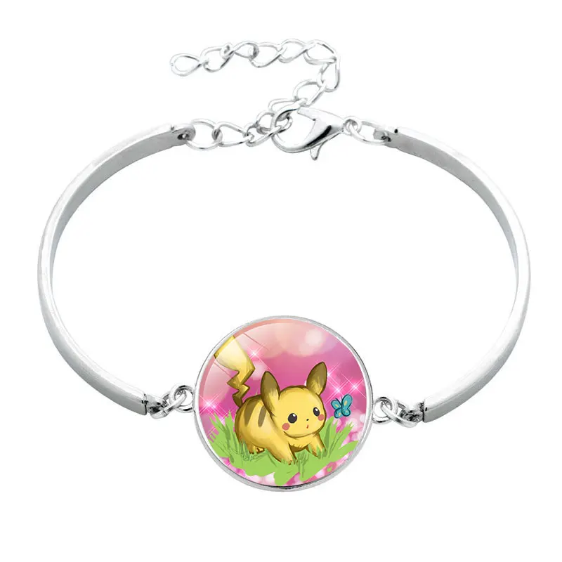 

Cute Pokemon Pikachu Silver Color Adjustable Chain Link Bangle Glass Anime Cartoon Animal Jewelry for Kids Girls Bracelet