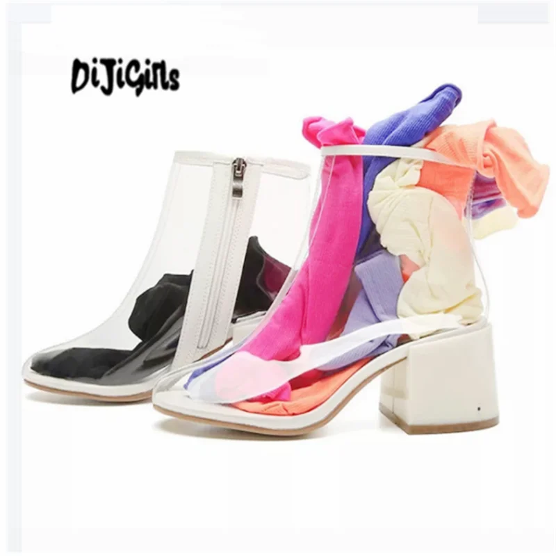 

2020 New PVC Transparent Boots Chunky Heel Fashion Designer Round Toe Ankle Booties Shoes Square Toe Ladies Shoes white