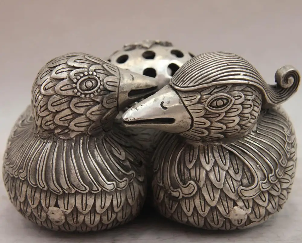 

China White Copper Silver mandarin duck aix galericulata Incense Burner Censer SD 506