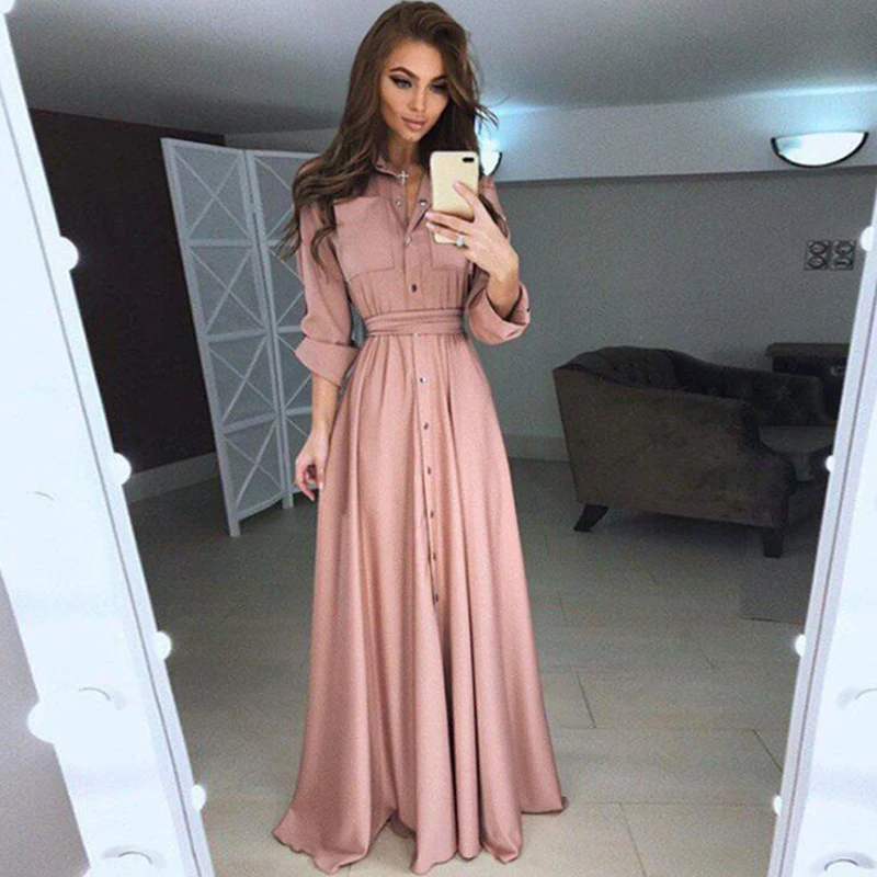 

2019 Spring autumn dress Elegant Women Solid color Long Sleeve Bandage Maxi Shirt Party Dress Single Breasted Buttons aa1022