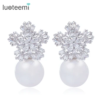 

LUOTEEMI High Quality Korean Shell Imitation Pearl Earring Micro Pave CZ Earring Fine Jewelry Earrings for Sexy EleagntWomen