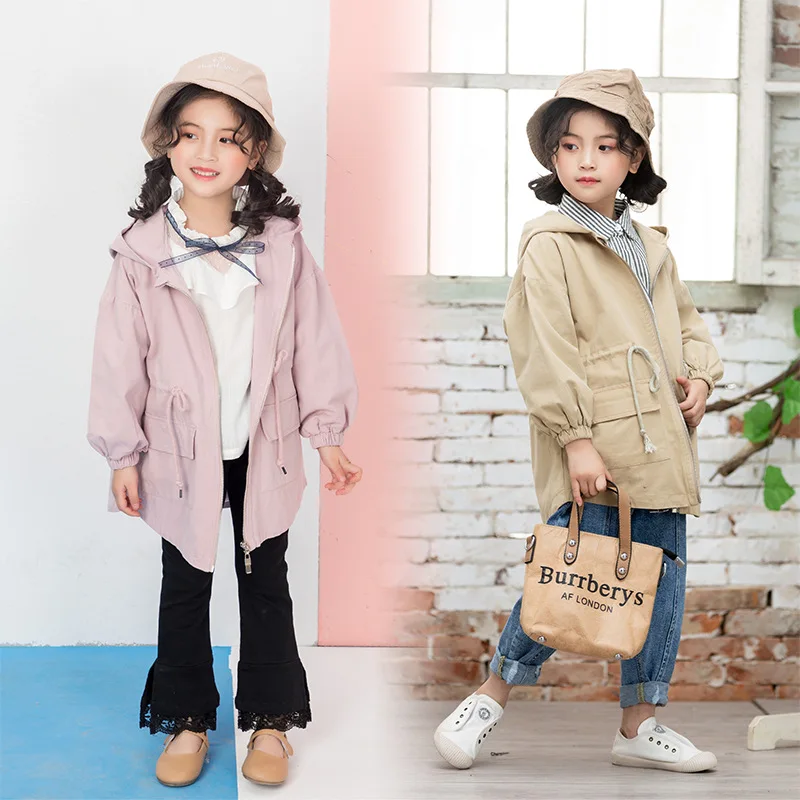 

Spring High-grade Girl Children's Clothes Trench Coat Solid Color Hooded Coat Korean Version Beautiful and Comfortable Outwear