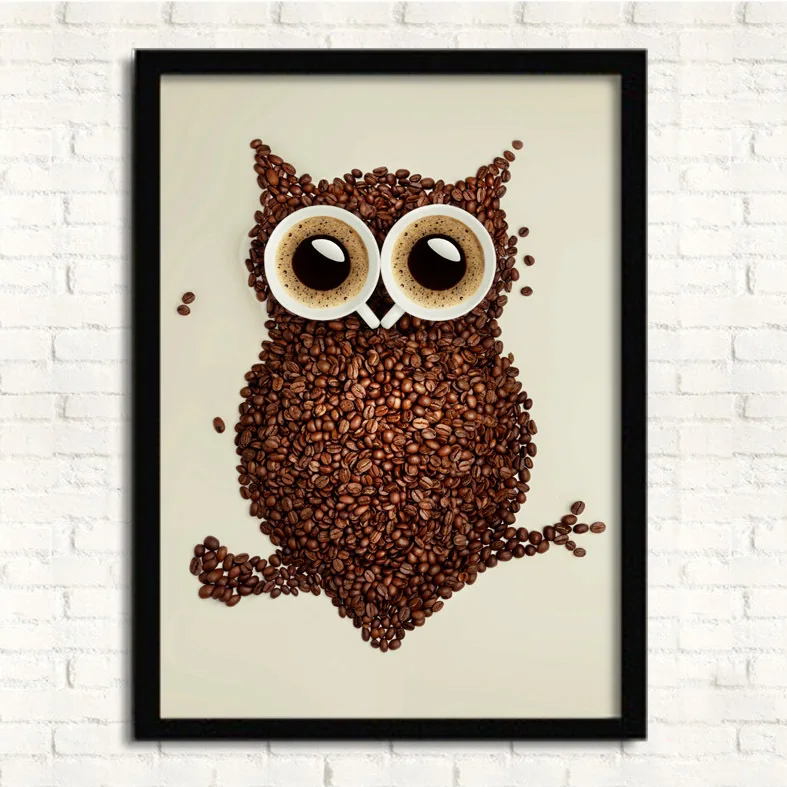 Fashion Owl Coffee Beans Modern Wood Framed Painting + Acrylic Glass