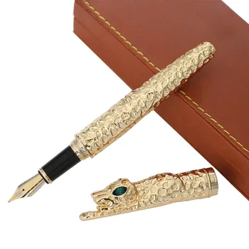 

Luxury JINHAO Gold Leopard Fountain Pen Heavy Ink Pens Green crystal eyes 0.7mm Nib Office Supplies for Gifts caneta tinteiro