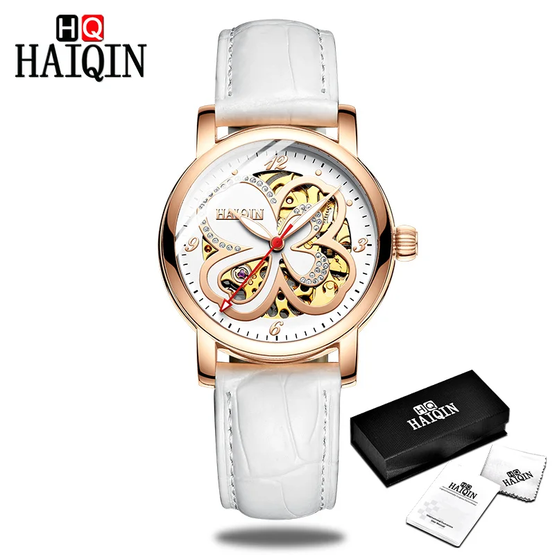 HAIQIN Для женщин часы Элитный бренд автоматические механические Женские Аутентичные Модные полые Водонепроницаемый часы четыре листа клевера - Цвет: white