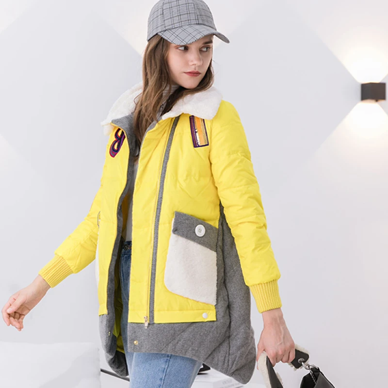 Femmes Hiver Veste yellow Z14 Red Bas Femelle Nouveau La Plus Mode Lettre Patchwork Longues Manches Tournent Le Parkas Taille Vestes Vers Manteaux rBwqr