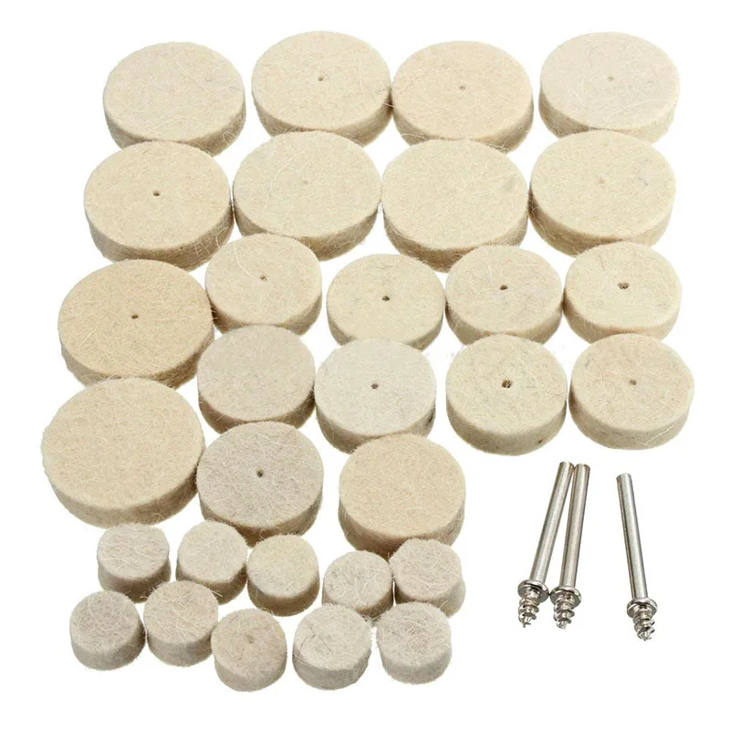 30pcs Wool Felt Polishing Buffing Grinding Wheel Mixed Set Accessory 13/25/30mm Dia. + 3 Handles 37x3mm for Rotary Tool Mayitr