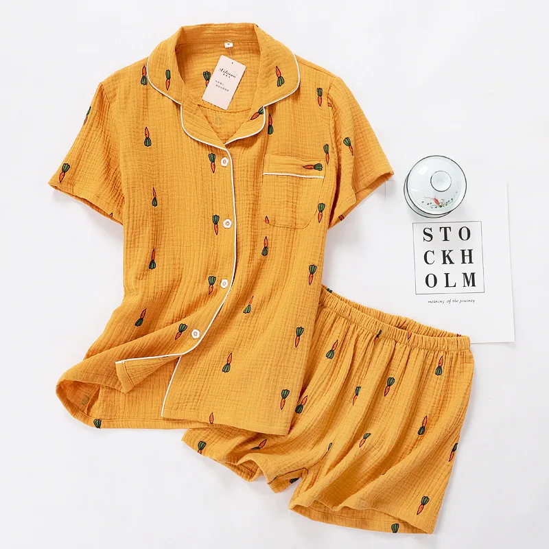 

Women Pajamas Set Summer Comfort Gauze Cotton Turn-down Collar Sleepwear Set Ladies Thin Loose Cartoon Printed clothes