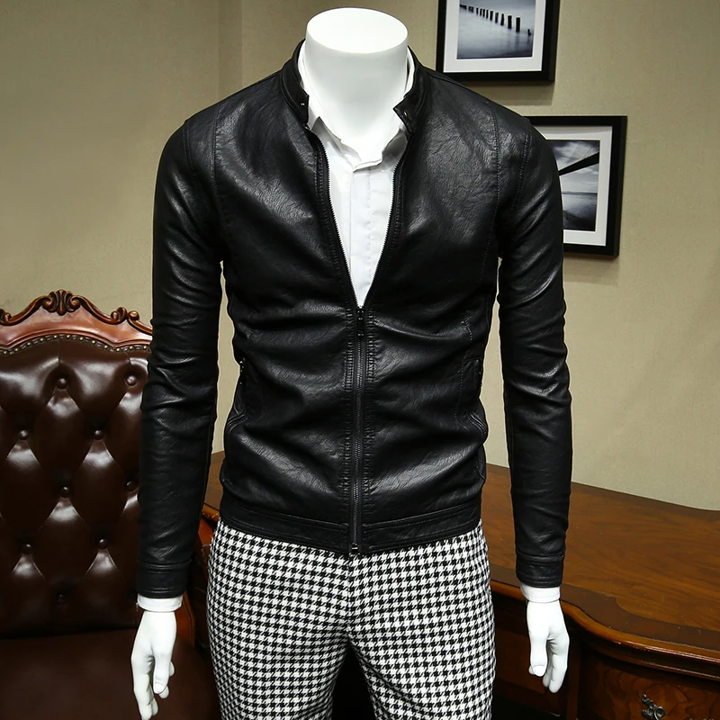 

XM GeeKi Men's Black Casual Washing PU Leather Moto Street Coat Mens Slim Korean Handsome Short Jackets Wine Red PU Jacket Male