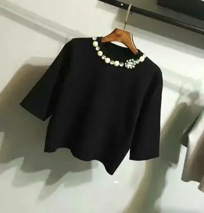 

Fashion Nail Beaded O-neck collar Black Elegant Short Sleeve Solid Tee Spring Autumn Knitted Women Weekend Casual T-shirt Top