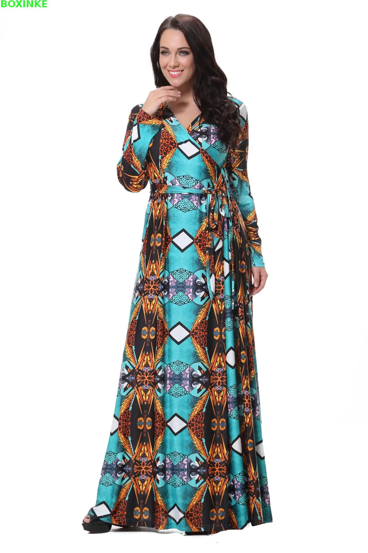 Vestidos Mujer Limited Print Full Women Dress And Autumn New Women's Deep V Neck Long Sleeve Fat Mm Split Large Irregular Code