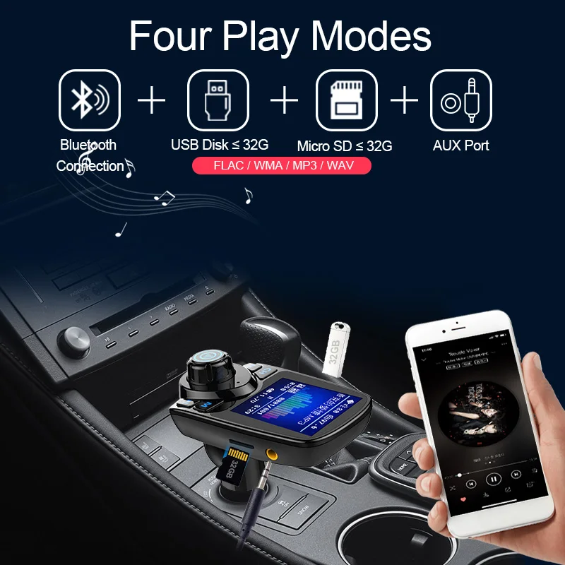 Автомобильный MP3-плеер, Bluetooth 5,0, fm-передатчик, u-диск, TF, aux, музыкальный плеер, USB, быстрое автомобильное зарядное устройство, произвольная игра, громкая связь, телефон