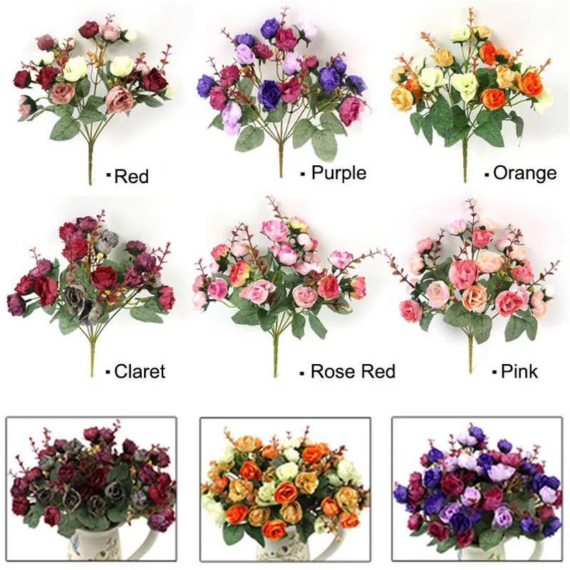 1Bunch Fresh Artificial Rose Flowers 21 Heads Romantic DIY Fake Silk Floral for Wedding Party Home Decoration