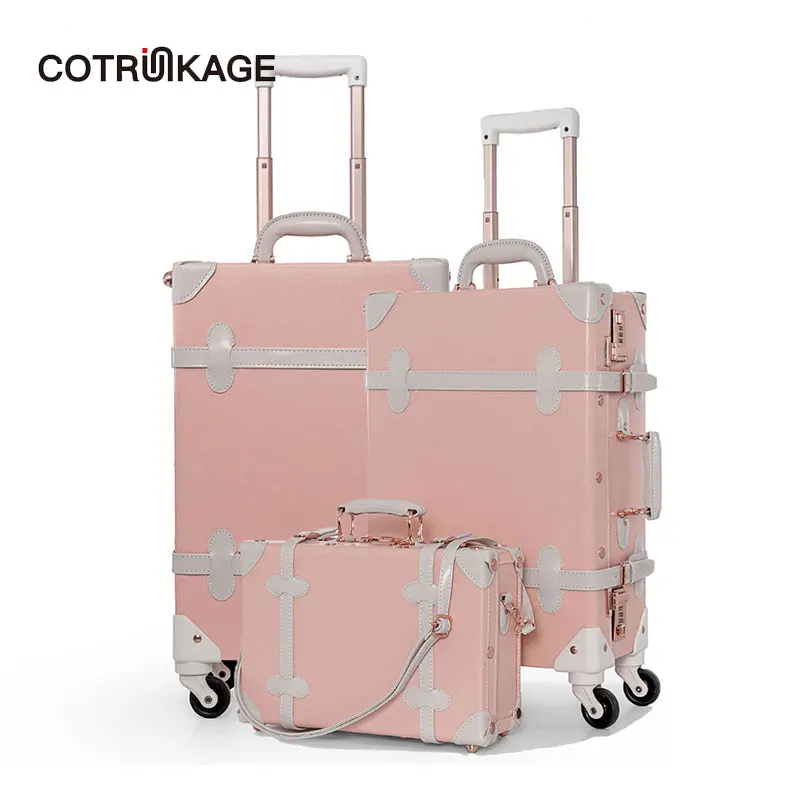 

COTRUNKAGE Cute 13" 20" 26" Pink Carry On Suitcase Ladies Pu Leather 3 Piece Vintage Luggage Sets for Women with Cosmetic Case