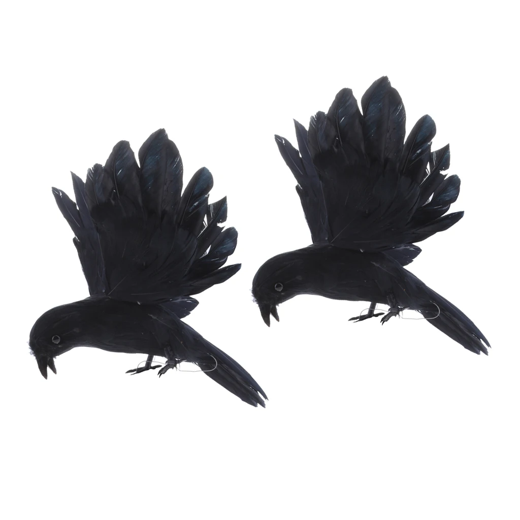 2pcs Artificial Flying Crow Realistic Sculpture Garden Outdoor Landscape Decor