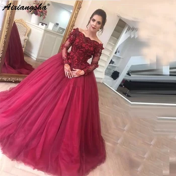 

Burgundy 2019 Long Evening Dresses A-line Off Shoulder Lace Applique Long Sleeves Tulle Puffy Party Plus Size Prom Evening Gowns