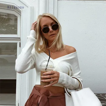 

Women Off Shoulder White Tee Tops Streetwear Long Sleeve Sexy Short Knitted Tops Casual T shirts Sweaters