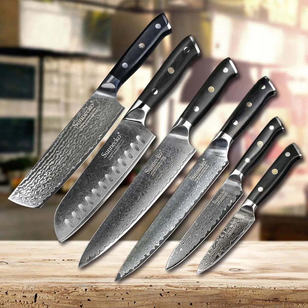 SUNNECKO 6 шт. дамасский набор кухонных ножей шеф-повара для нарезки хлеба утилита для очистки овощей Кливер ножи японский VG10 сталь лезвие G10 Ручка - Цвет: 6pcs Knife Set
