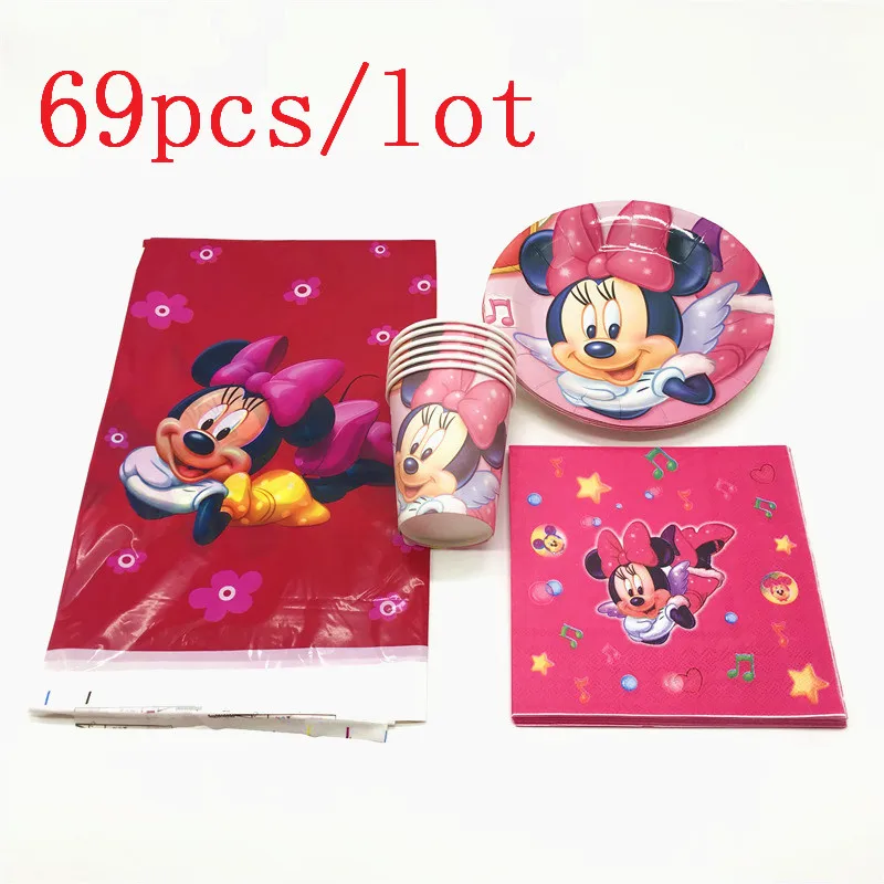 

High Quality Cartoo Minnie Mouse Cups+Plates+Napkins Baby Shower Girl Birthday Party Paper Tableware Set Decoration Supply 69Pcs