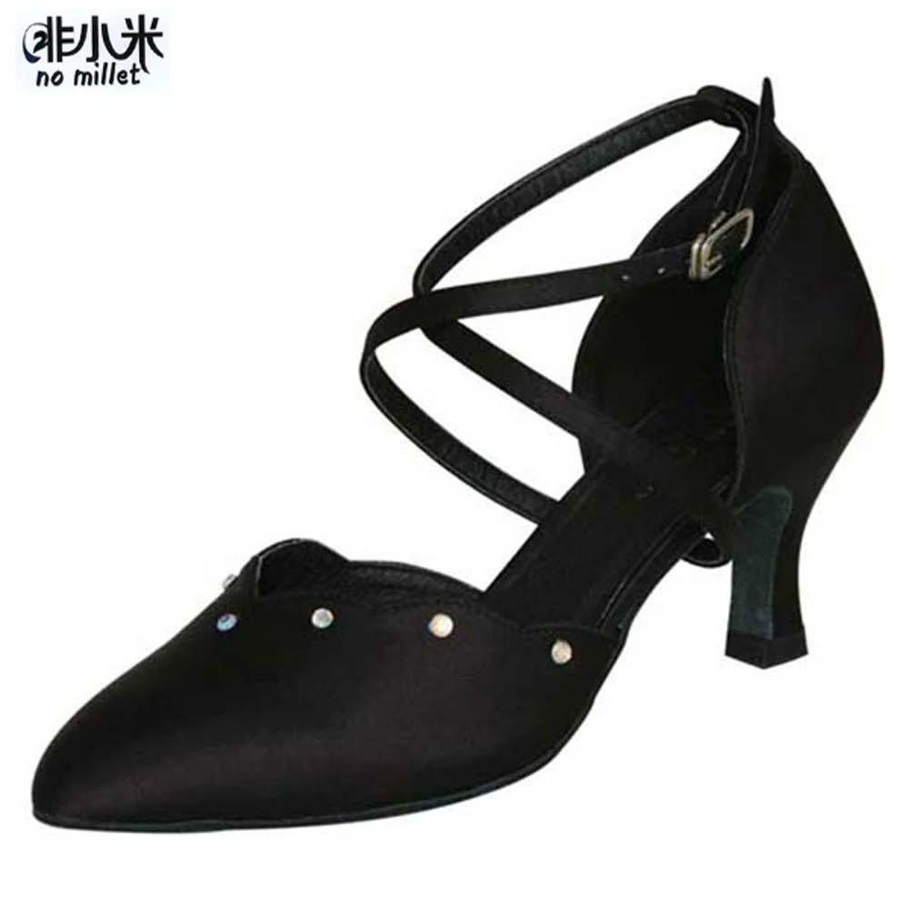 No Millet Practise Women Dance Shoes Low Heel Black Satin Crystal