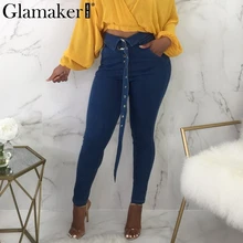 Glamaker кнопка пояса размера плюс джинсы для женщин деним дамские брюки сексуальные узкие джинсы Высокая талия брюки уличная Нижняя Новинка