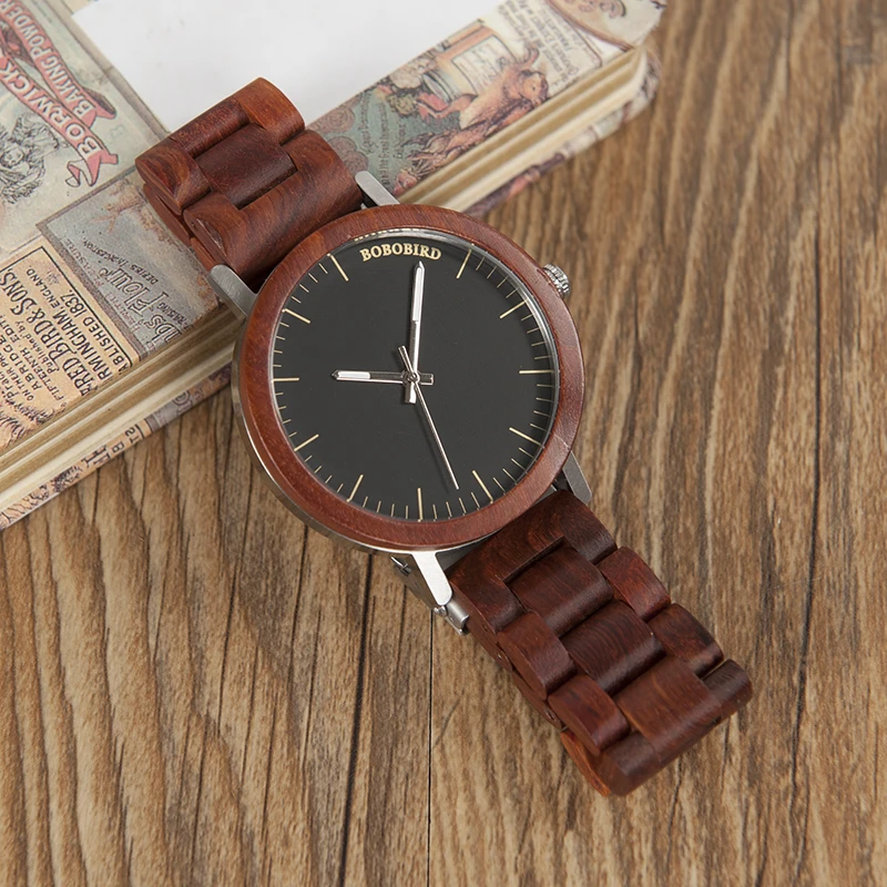 BOBO BIRD Red Wooden Band Watches Men Natural Handmade Japan Movement Quartz Wood Wristwatches relogio masculino C-M16