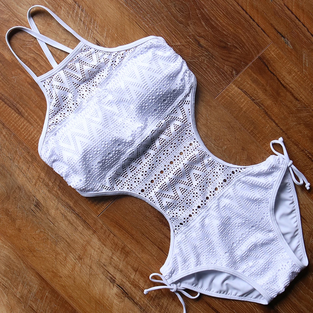 White & Yellow Swimsuit One Piece Swim Suit Monokini Hollow Out Bathing