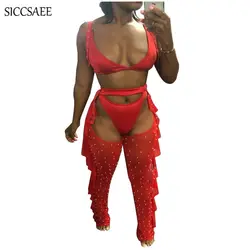 Красный комплект из двух предметов топ и брюки костюмы тягучий кромки оборками из бисера спинки Готический уличная боди сексуальные рваные