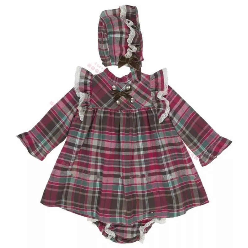 

Cekcya Spanish Royal Dresses Girls Princess Costume Kids Birthday Party Tutu Dress for Girl Plaid Bow with Hat PP Pant 3pcs Sets