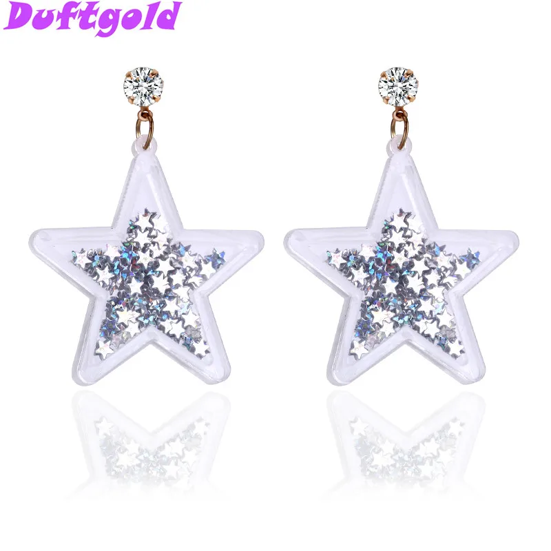 

New Cute White Gold Crystal Shiny Pentagram Earrings for Women Pentacle Rhinestone Big Star Earrings Acrylic Jewelry Pendientes