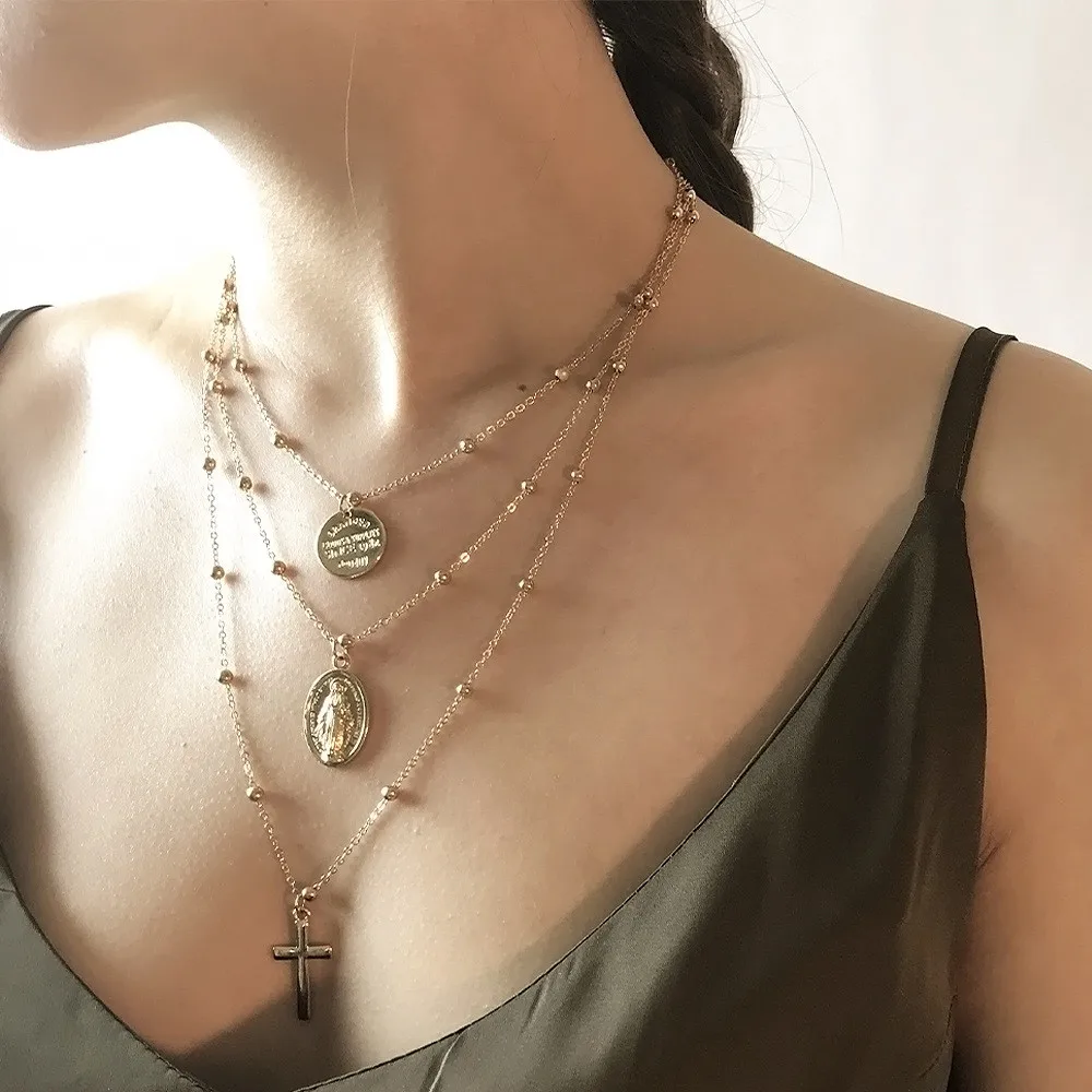 

Religious Style Multi Chain Necklace Cross Virgin Mary Pendant Necklace for Wommen chain collarbone Chain Collares De Moda 2019