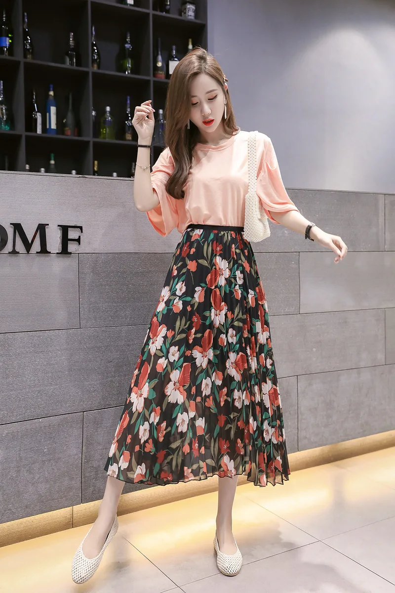 2019 новые летние женские с высокой талией юбка корейский стиль цветочный принт богемный линия плиссированные юбки Элегантный Slim Fit Длинные