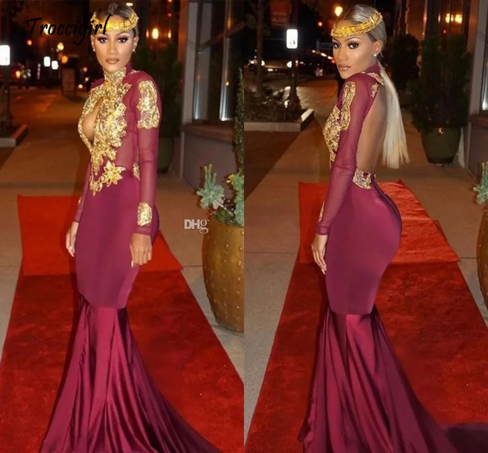 

Sexy Long Sleeves Mermaid Prom Dresses High Neck Appliques Beaded Gold Satin Burgundy Backless African Black Girls Evening Party