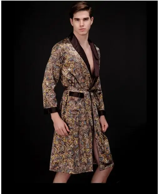 Hot style men's summer long sleeves silk robe household long-sleeved leisurewear