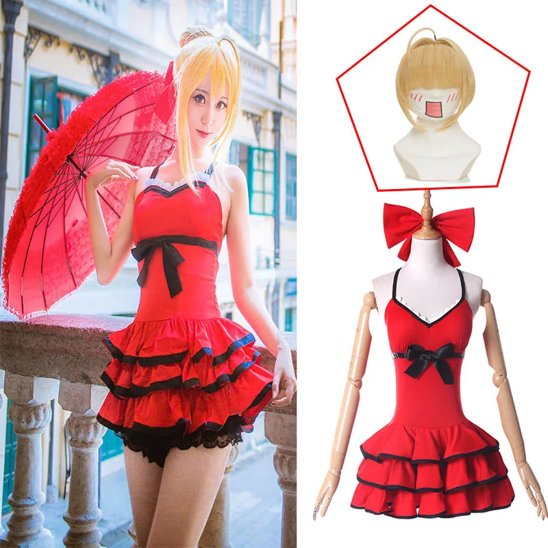 

2019 Anime Fate Grand Order Nero Claudius Caesar Augustus Cosplay Costume Fate/Extra Saber Red Swimsuit Cosplay Costume with Wig