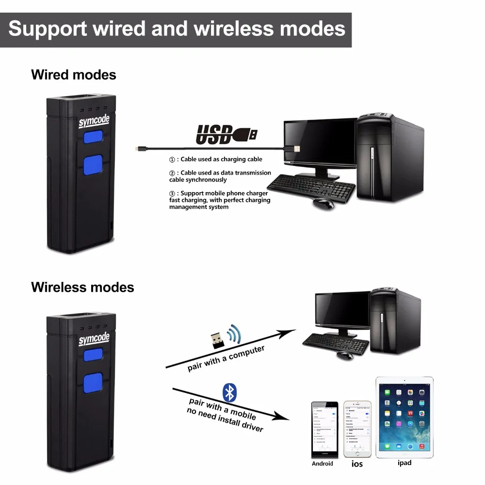 Bluetooth сканер штрих-кода 1D лазерный Портативный USB Bluetooth 2,4G беспроводной считыватель штрих-кодов беспроводной передачи расстояние 100 метров