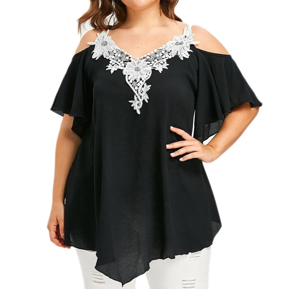 Fashion Womens Floral Lace Embellished Plus Size T shirt V Neck ...