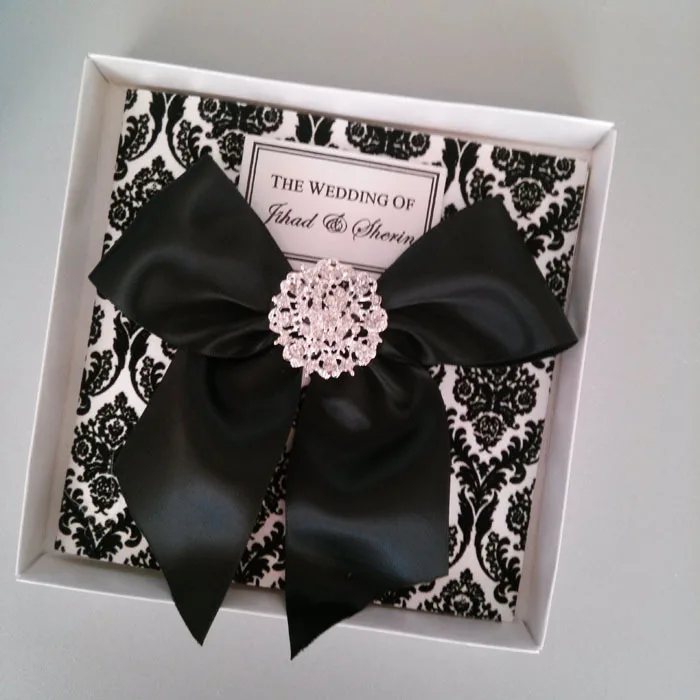 Us 3490 New Coming Black Flocking Pocket Wedding Cards Invitation With Black Ribbon Bow And Shinny Silver Brooch Paper Box For Mailing On