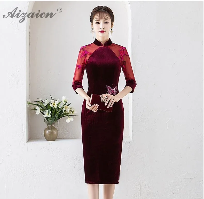 2019 новый бархат Cheongsam темно зеленый платья для женщин Chinoise Вышивка Длинные Qi Pao для Китайская традиционная костюмы вечернее платье