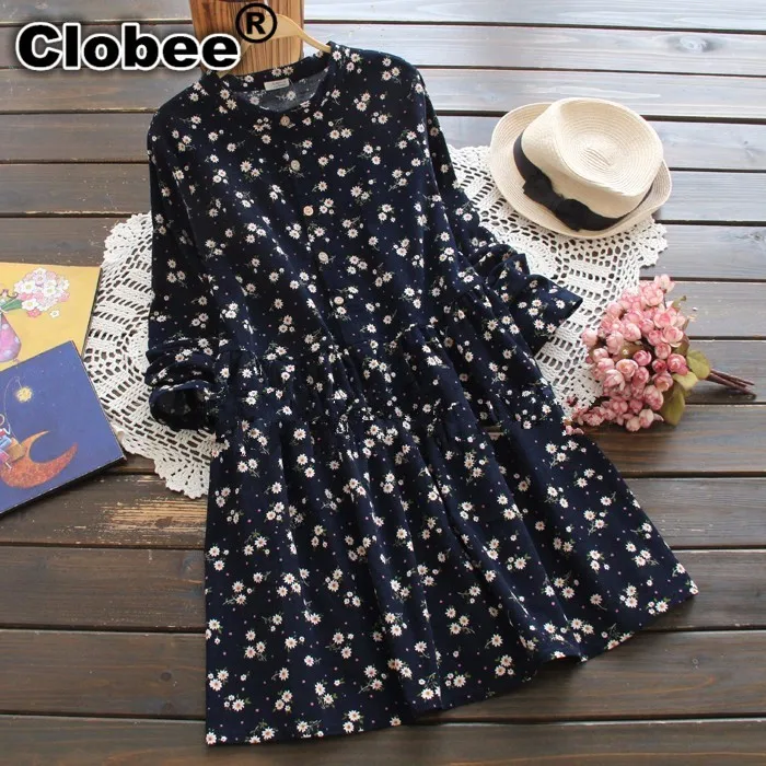 

Spring Autumn Lolita Dress Sweet Floral Print Basic Vestido Mori Girl Plus Size Casual Clothes Female Long Sleeve Corduroy Dress