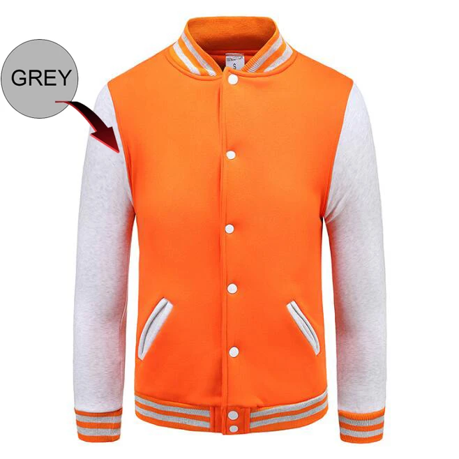 Бейсбольная куртка с логотипом на заказ для колледжа, мужская и женская университетская куртка Letterman, зеленая, оранжевая, темно-синяя, бордовая, красная, для мальчиков и девочек - Цвет: Orange-Grey