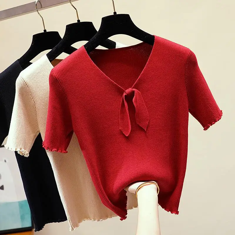 

Women Crop Tops Female Knitting Shirts V-neck Tees Womens Knitwear 2019 Pull Femme Thin Pullovers Short Sleeve Clothings Red