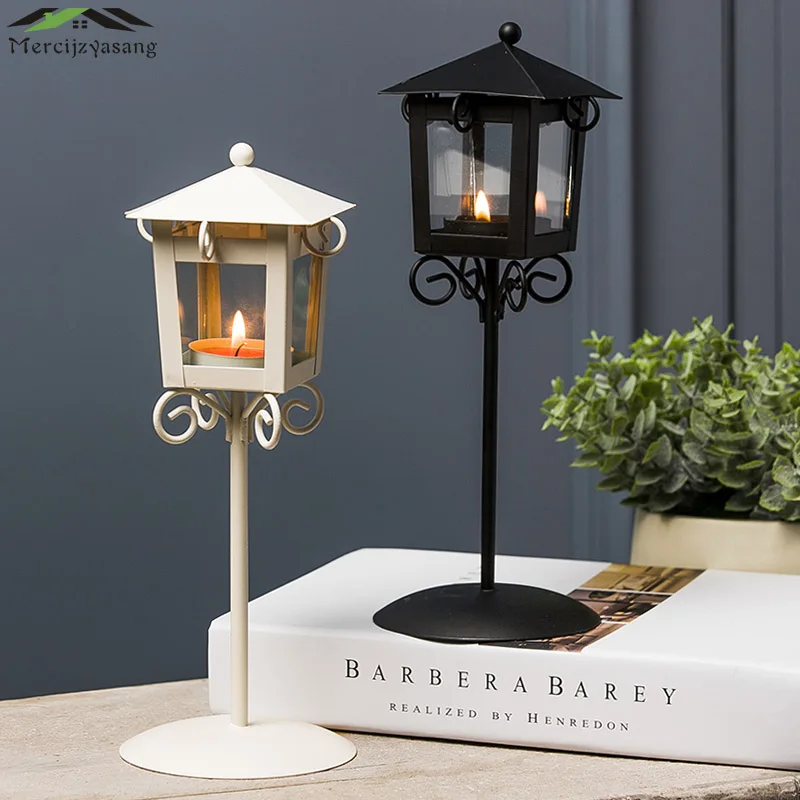 

Candlestick Metal Retro Street lights Candle Holder Lantern Iron Glass Stand Pillar for Home Decoration Candelabra GZT021