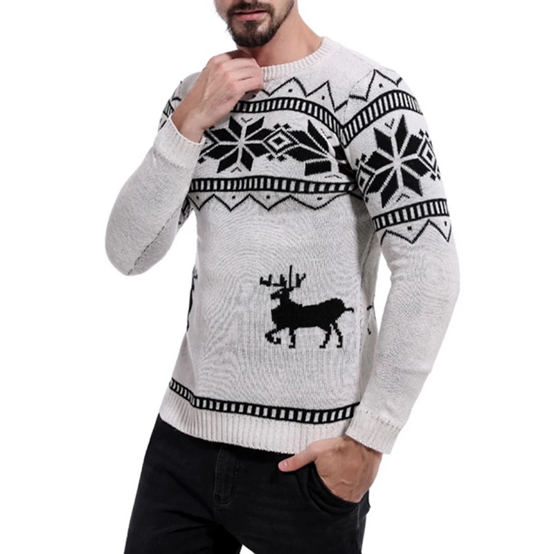 MoneRffi Mens Causal O Neck Sweater Deer Printed Autumn Winter Christmas Pullover Knitted Jumper Sweaters Slim Fit Male Clothes