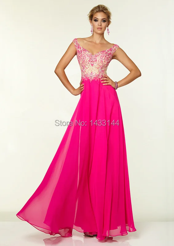 Sexy cuello en V vestidos vestidos fiesta fucsia pura volver gasa larga De encaje apliques De