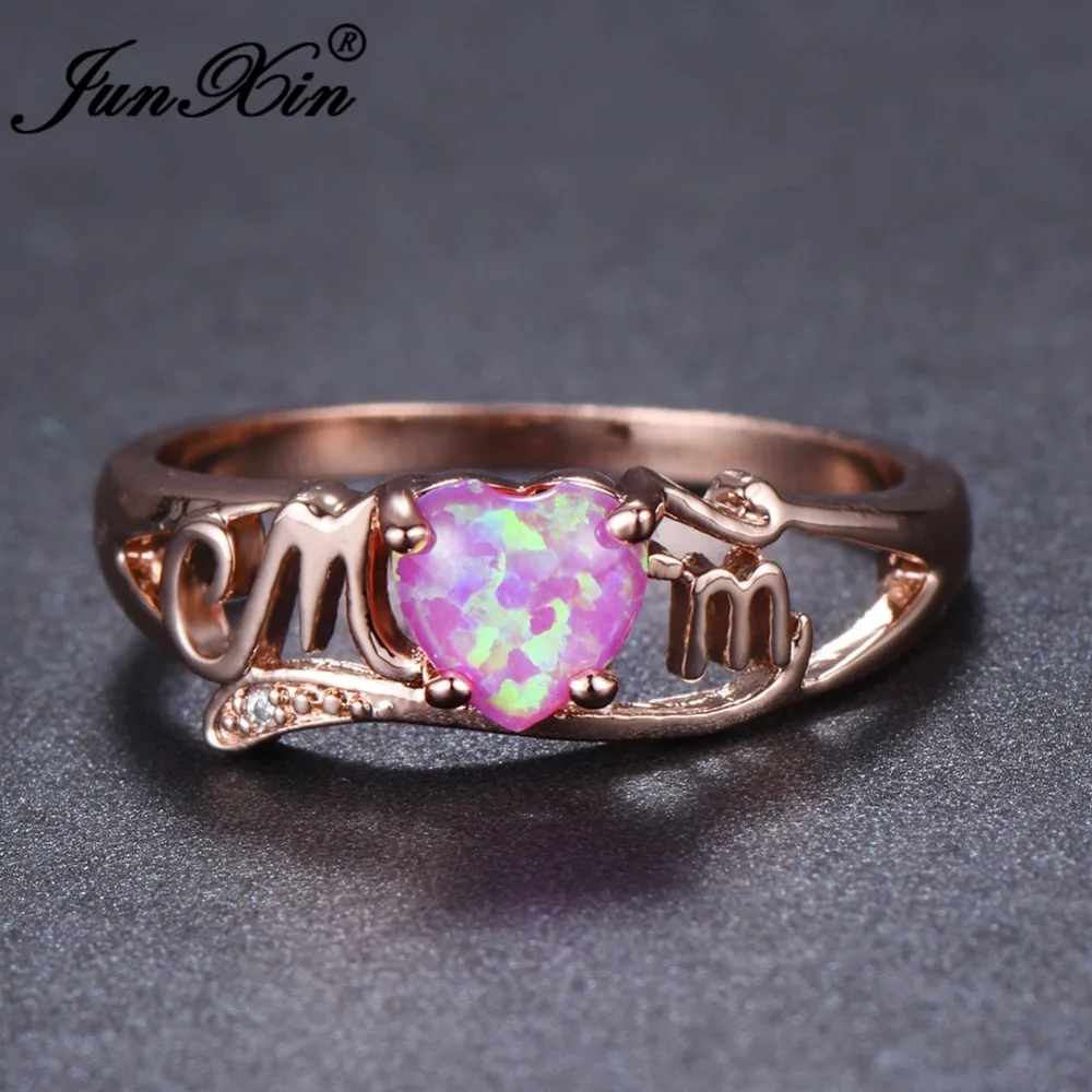 JUNXIN Unique MOM Letter Ring Elegant Heart White Fire Opal Jewelry Vintage Rose Gold Filled Rings For Women Mothers Day Gift